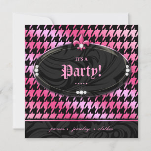Fashion Party Houndstooth Fleur de lis Pink Spring Invitation