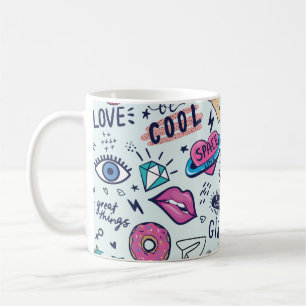 Fashion patch badges. Seamless pattern with pink g Coffee Mug