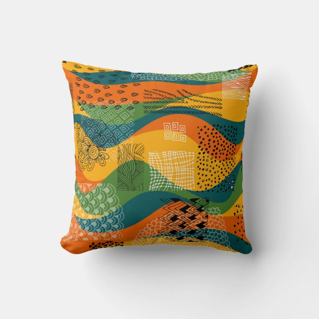 Fashion Patchwork: Undulating Abstract Art Cushion (Front)