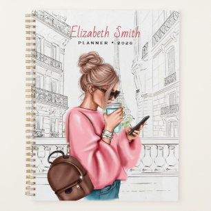 Fashion Pretty Girl with Coffee in Paris Planner