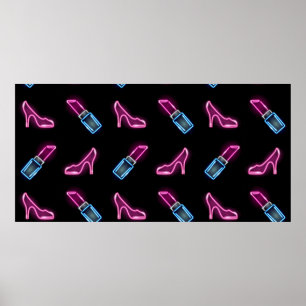 Fashion seamless pattern with neon icons of lipsti poster