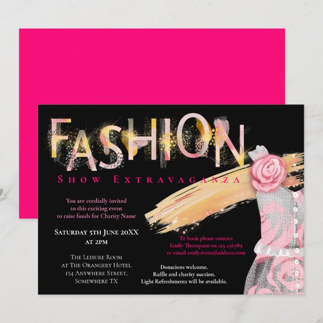 Fashion Show Event Arty Typography Pink Black Invitation (Front/Back)