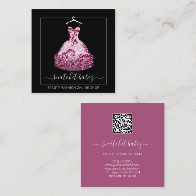 Fashion Stylist Event Dress QR Code Logo Glitter Square Business Card (Front/Back)