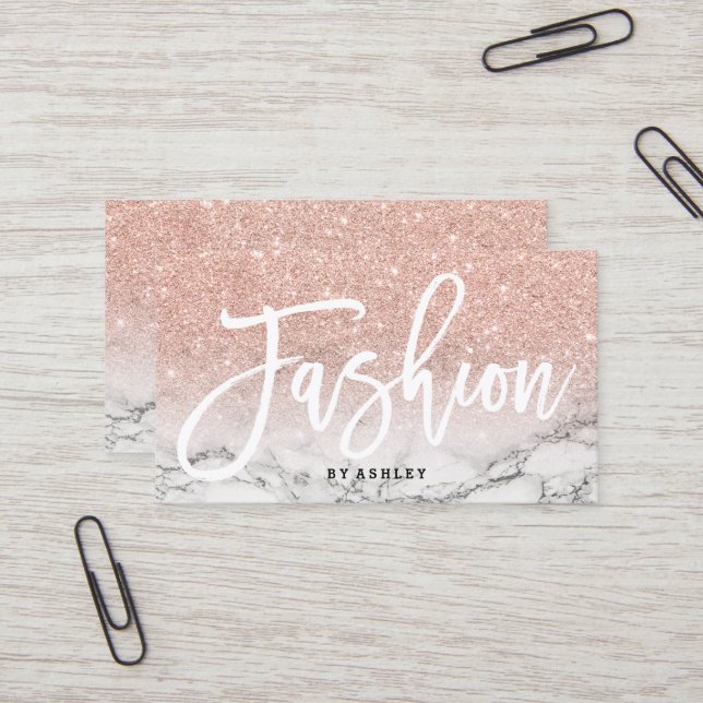Fashion typography rose gold glitter marble business card (Front/Back In Situ)