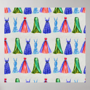 Fashion watercolor, hand-drawn dresses pattern. poster