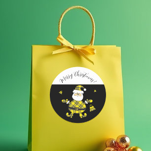 Fashion Yellow Tartan Santa With Purse Classic Round Sticker