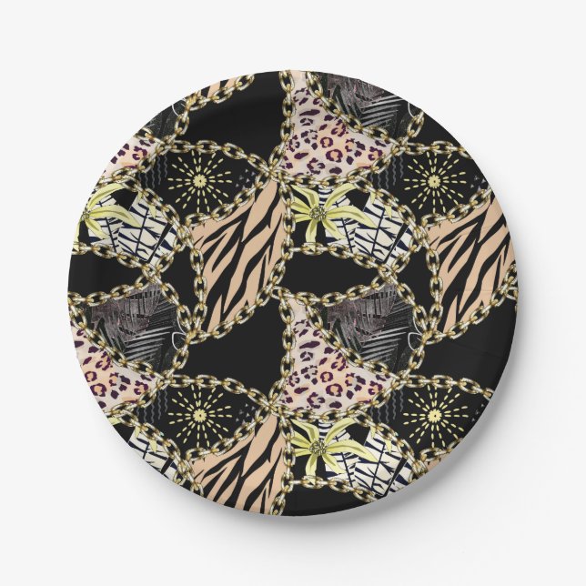 Fashionable, abstract, chains, tiger skin. paper plate (Front)
