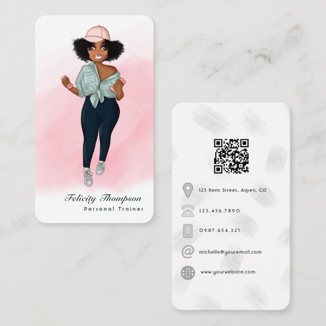 Fashionable Afro Fitness Instructor Girl QR Code Business Card (Front/Back)