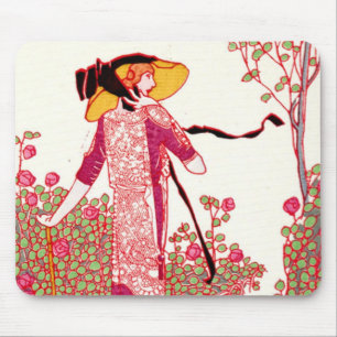 Fashionable Art Deco Lady in a Rose Garden Mouse Pad