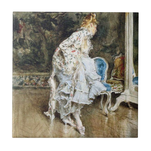 Fashionable Beauty Admiring Herself in the Mirror Ceramic Tile (Front)