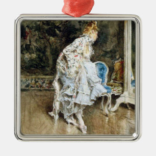 Fashionable Beauty Admiring Herself in the Mirror Metal Ornament