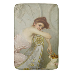 Fashionable Beauty Playing With Her Puppy Dog  Bath Mat