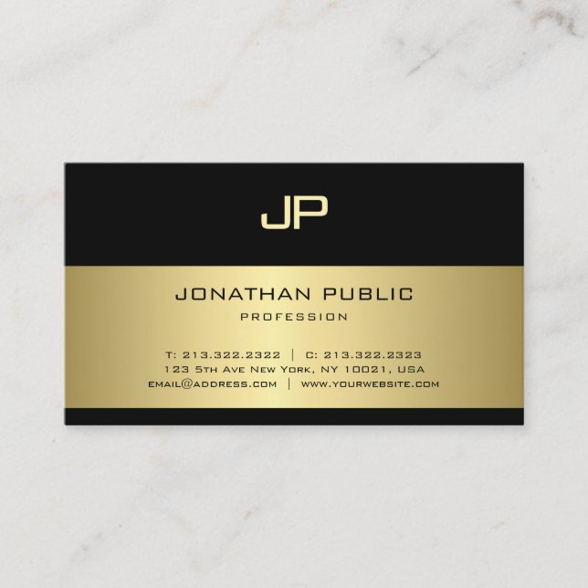 Fashionable Black And Gold Monogram Glamour Plain Business Card (Front)