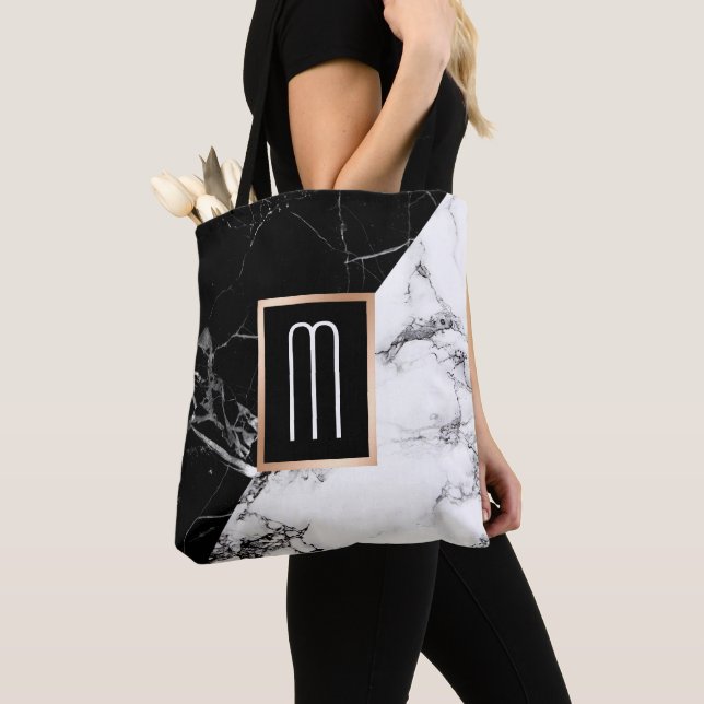 Fashionable Black White Marble Texture Monogram Tote Bag (Close Up)