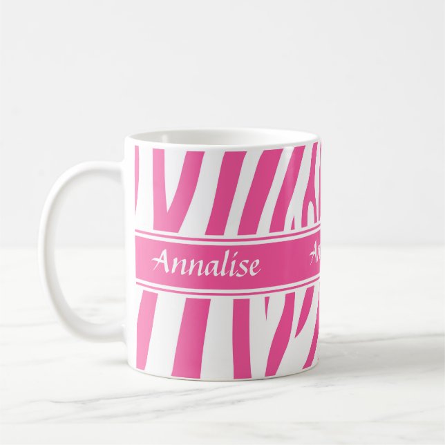 Fashionable customisable Pink white zebra pattern Coffee Mug (Left)