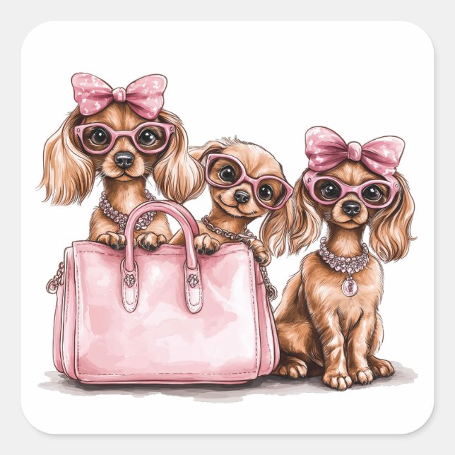 Fashionable Dachshund Dogs Pink Purse Square Sticker (Front)