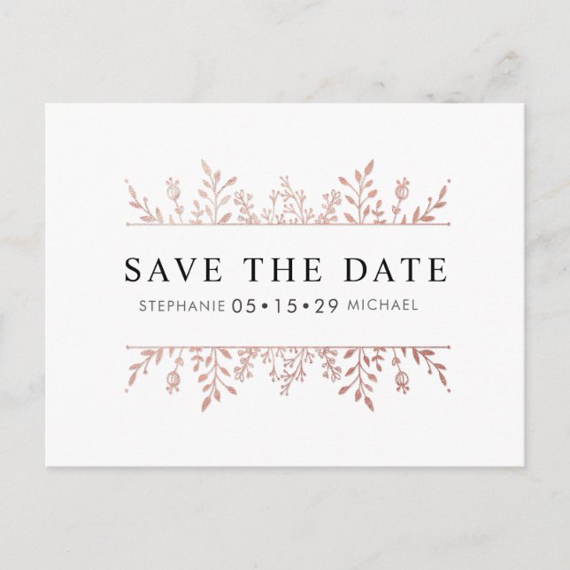 Fashionable Elegant Rose Gold Chic Save the Date Announcement Postcard (Front)