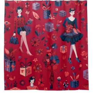 Fashionable Festive Women Red Floral Pattern Shower Curtain