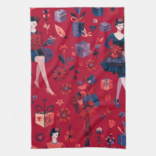 Fashionable Festive Women Red Floral Pattern Tea Towel