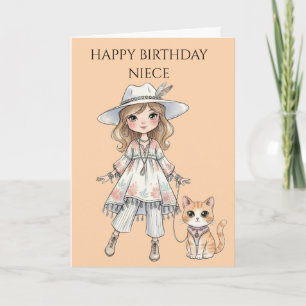 Fashionable girl strolling with her cat card