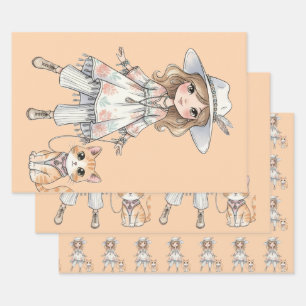 Fashionable girl strolling with her cat wrapping paper sheet