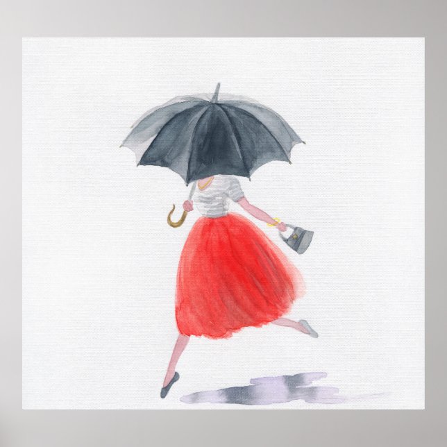 Fashionable Girl: Umbrella Rain Illustration Poster (Front)