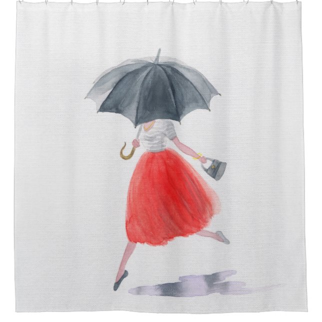 Fashionable Girl: Umbrella Rain Illustration Shower Curtain (Front)