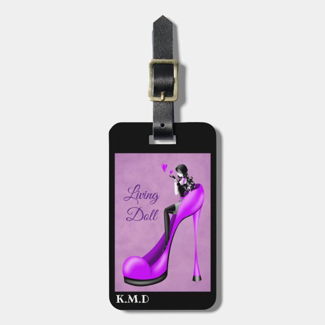 Fashionable Lady in Purple Stiletto  Luggage Tag (Front Vertical)
