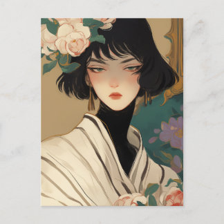 Fashionable Lady with Flowers in Her Hair Postcard