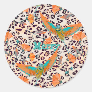 Fashionable leopard print, birds of Paradise Classic Round Sticker
