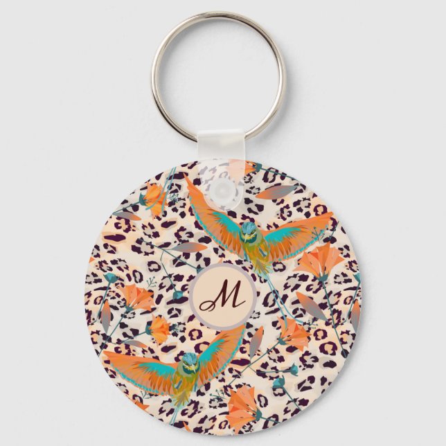 Fashionable leopard print, birds of Paradise Key Ring (Front)