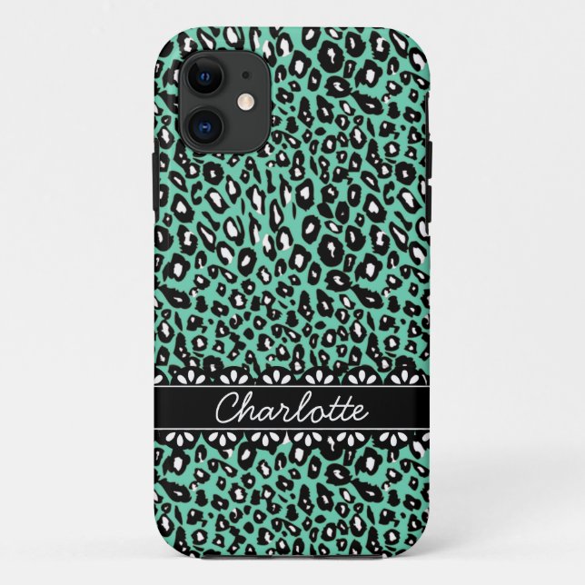 Fashionable Mint Leopard Print and Lace Case-Mate iPhone Case (Back)
