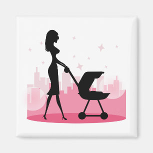 Fashionable Mummy Pushing Baby Carriage Magnet