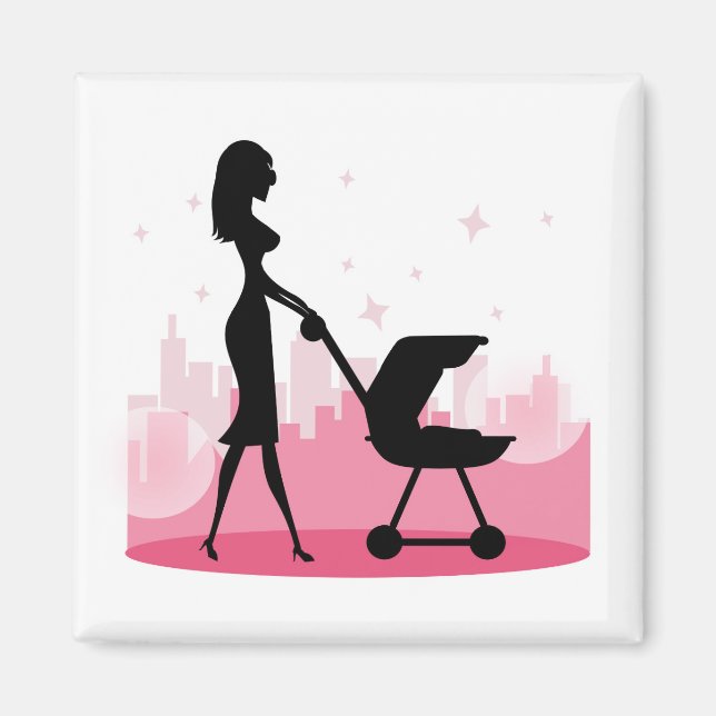 Fashionable Mummy Pushing Baby Carriage Magnet (Front)