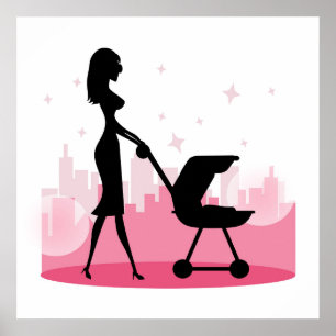 Fashionable Mummy Pushing Baby Carriage Poster