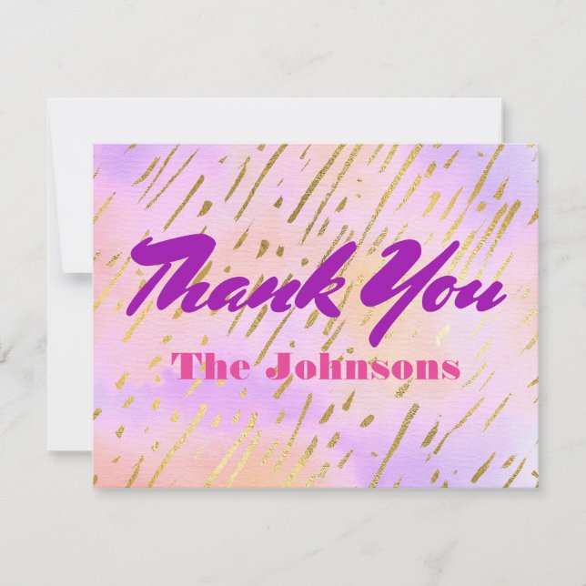 Fashionable Pink and Purple Golden Thank You Card (Front)