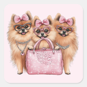 Fashionable Pomeranian Dogs Pink Purse Square Sticker