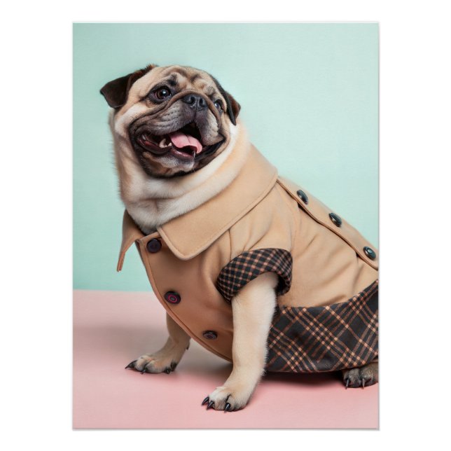 Fashionable Pug Dog Wearing Vintage 1940s Style Poster (Front)