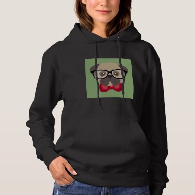 Fashionable Pug - Pug with Red Bowtie and Green Ba Hoodie (Front)