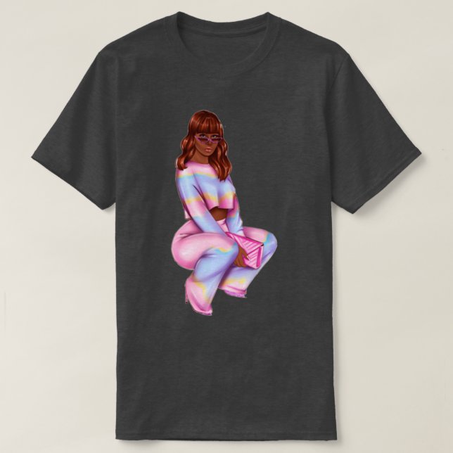 Fashionable Redhead Black Girl Boss with a pink ba T-Shirt (Design Front)