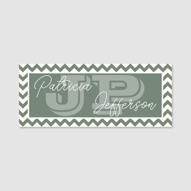 Fashionable Sage Green Chevron Unique Monogram Name Tag (Front)