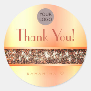 Fashionable Shimmery Orange Glitter Thank You Text Classic Round Sticker