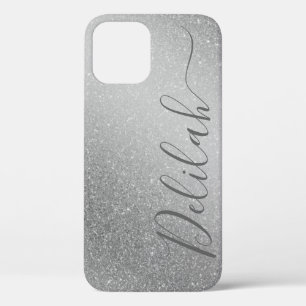 Fashionable Silver Glitter Grey Calligraphy Name iPhone 12 Case