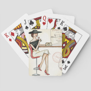 Fashionable Woman Drinking Wine Playing Cards