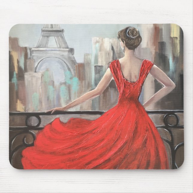 Fashionable Woman Wearing a Red Dress in Paris Mouse Pad (Front)