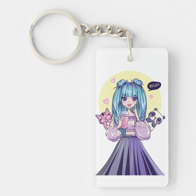 Fashionista: Blue-Haired Girl with Panda and Cat Key Ring (Front)