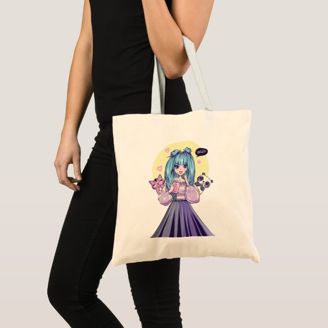 Fashionista: Blue-Haired Girl with Panda and Cat Tote Bag (Front (Product))