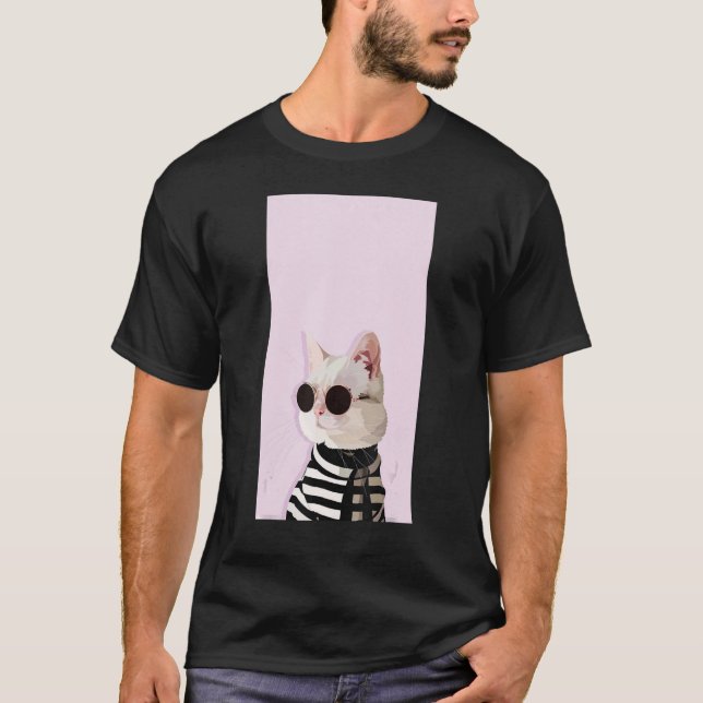 Fashionista Cat   Cute Cool Kitty Kitten Pink Blac T-Shirt (Front)