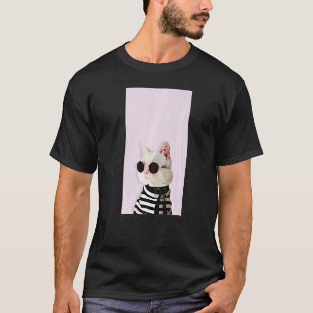 Fashionista Cat  Cute Cool Kitty Kitten Pink Black T-Shirt (Front)