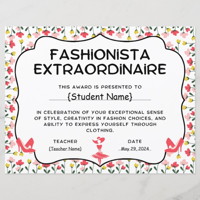 Fashionista Extraordinaire Recognition Award (Front)